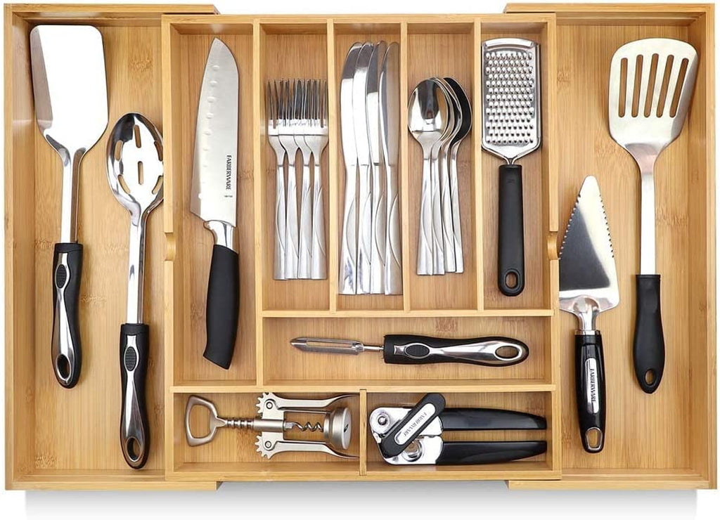 Bamboo Silverware Drawer Organizer – Expandable to 22", 10 Compartments, Adjustable Kitchen Utensil Tray
