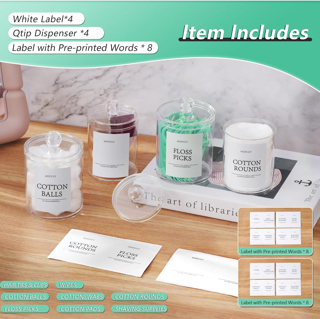 Bathroom Organizer Set – 4 Clear Apothecary Jars with Lids, Q‑tip & Cotton Holder, Acrylic‑Like Plastic for Vanity Countertop