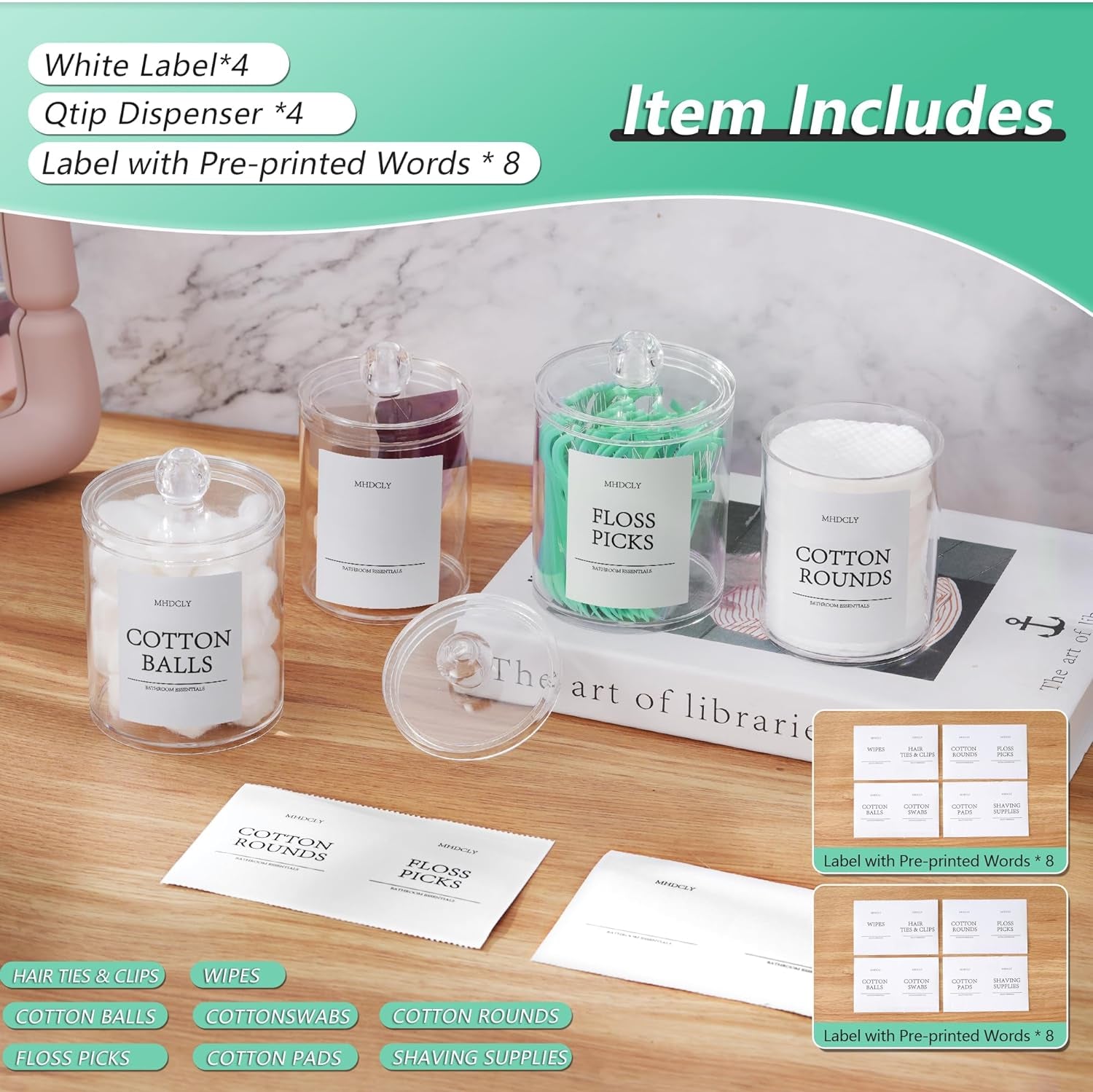 Bathroom Organizer Set – 4 Clear Apothecary Jars with Lids, Q‑tip & Cotton Holder, Acrylic‑Like Plastic for Vanity Countertop