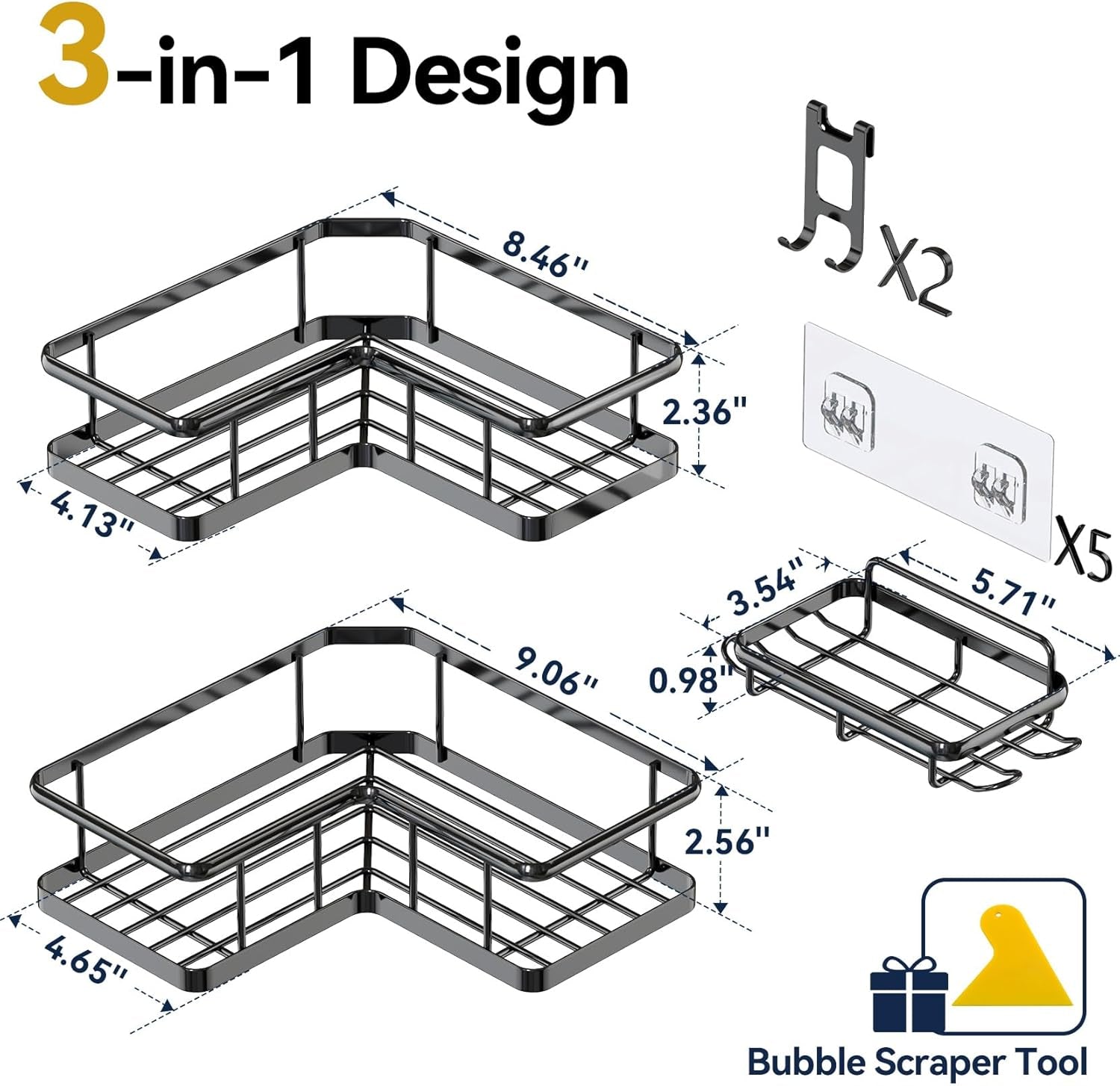 Adhesive Corner Shower Caddy – 3‑Pack Rustproof Shelves with Soap Holder, No‑Drill Wall Mount, 40lb Capacity