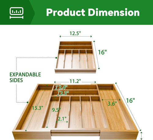Bamboo Expandable Drawer Organizer – 7‑9 Adjustable Slots, Silverware & Utensil Tray, Natural