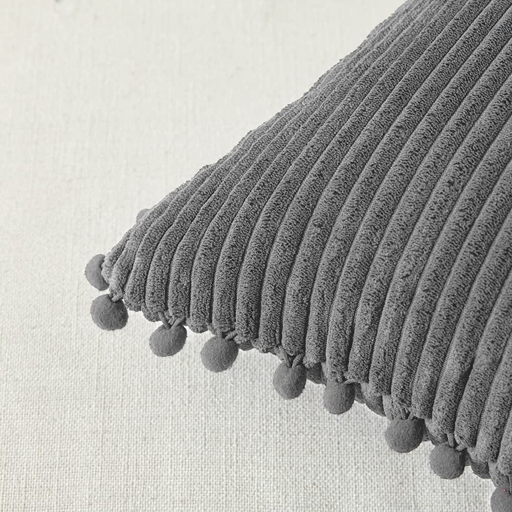 Dark Gray Corduroy Throw Pillow Covers – Set of 2, 18x18 Inch, Boho Farmhouse Decor with Pom Poms, Soft Accent Cushion Cases for Couch Sofa Bed (Covers Only)
