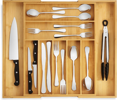 Bamboo Expandable Drawer Organizer – 7‑9 Adjustable Slots, Silverware & Utensil Tray, Natural