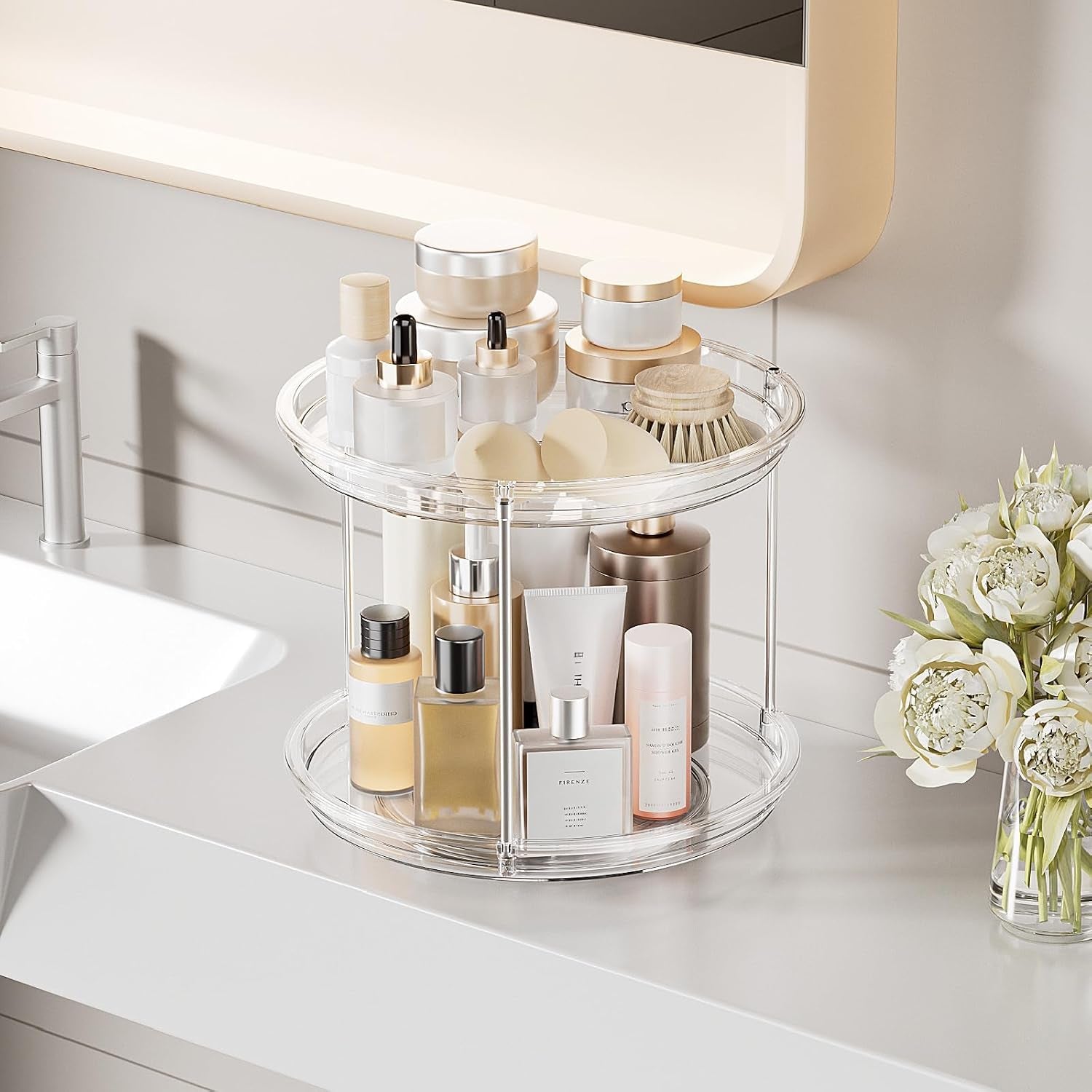 Makeup Organizer 360° Rotating – 2‑Tier Clear Lazy Susan, Skincare & Perfume Storage for Vanity, 9"