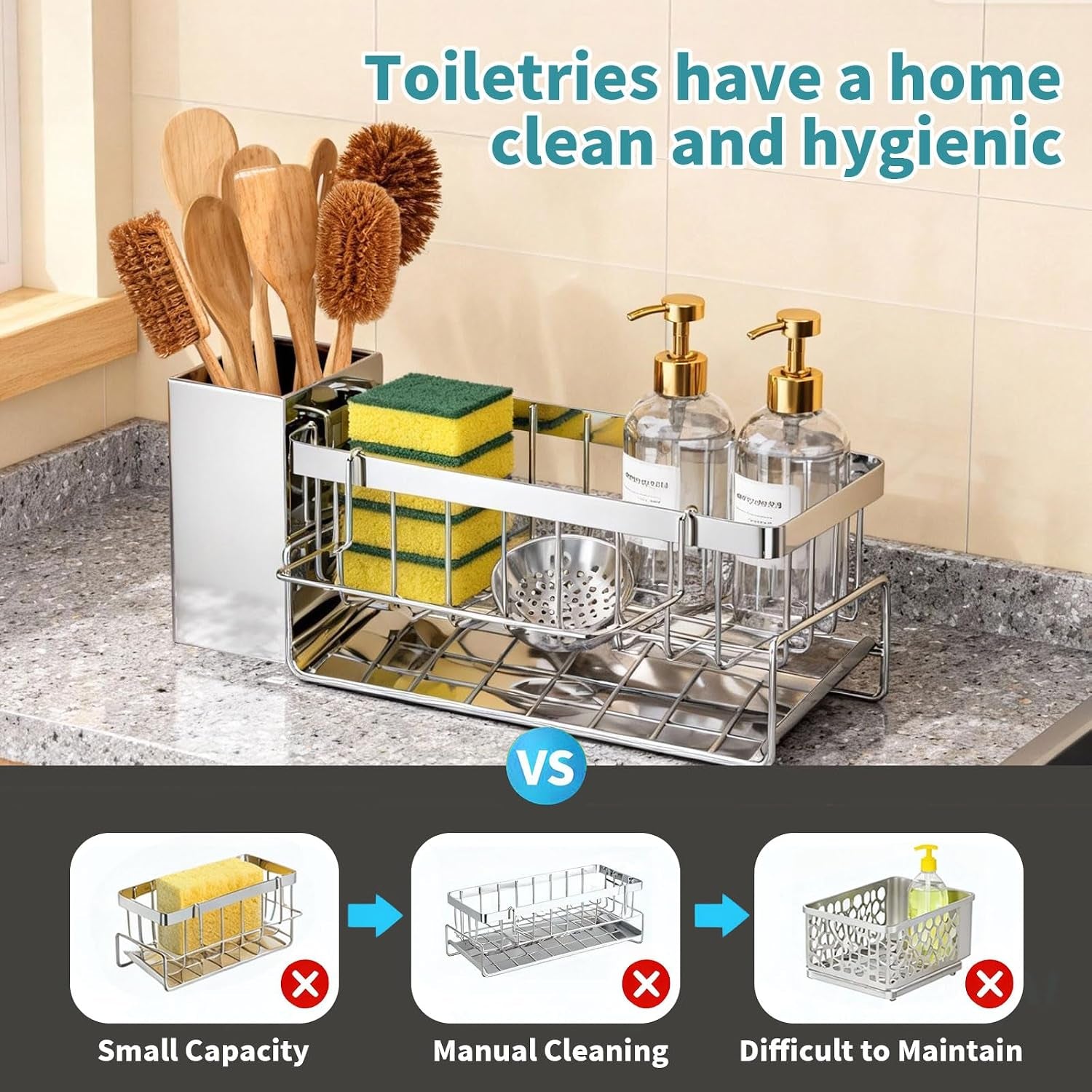 Stainless Steel Sponge Holder for Kitchen Sink – 30° Self‑Draining Caddy with Brush Holder & Removable Dishcloth Rack, Silver
