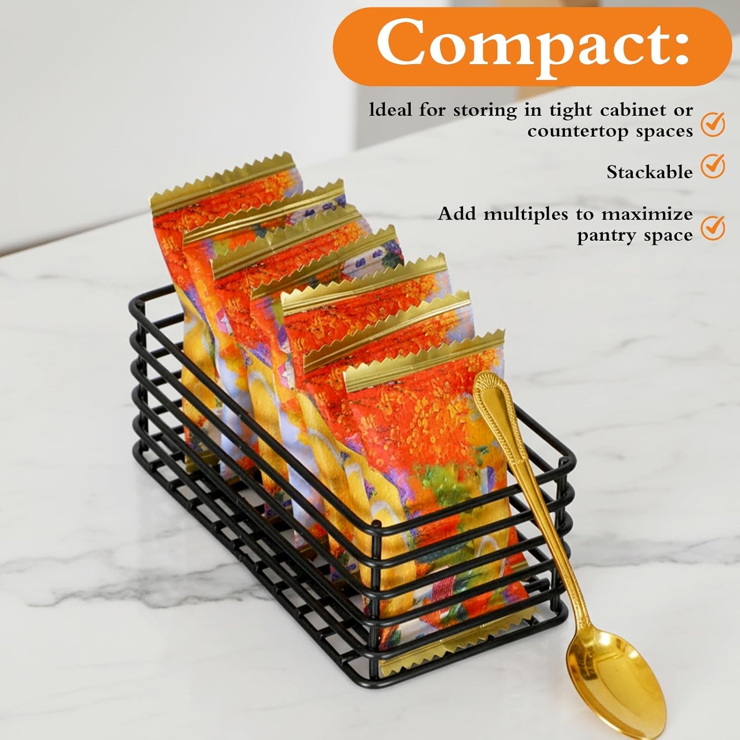 Iron Packet Holder – 4‑Pack Small Wire Basket, Stackable Organizer for Coffee Bar, Tea Bags & Condiments, Black