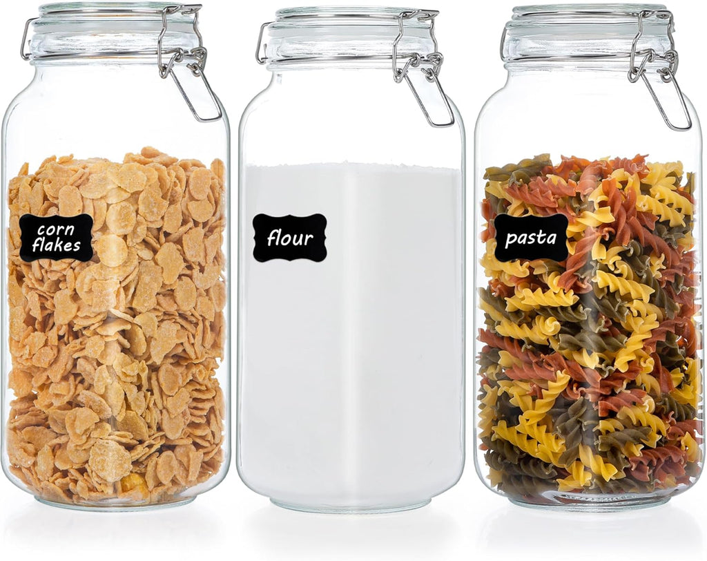 Glass Food Storage Jars with Airtight Clamp Lids – 3‑Pack 78oz Square Canisters for Flour, Sugar, Pasta & Coffee