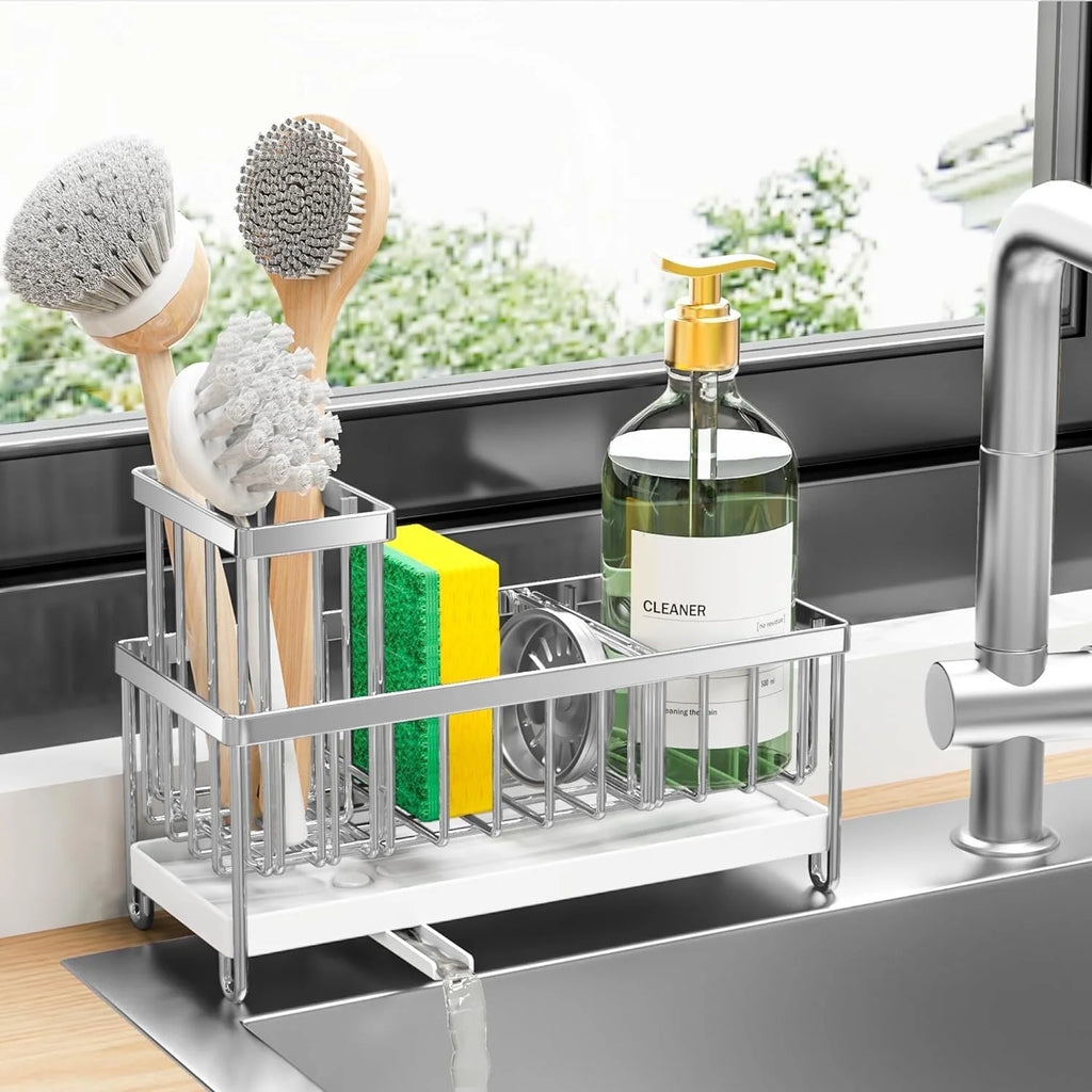 --Cisily Silver Sponge Holder for Kitchen Sink, Sink Caddy Organizer with High Brush Holder, Kitchen Countertop Organizers and Storage Essentials, Rustproof 304 Stainless Steel, Soap Dispenser Organize