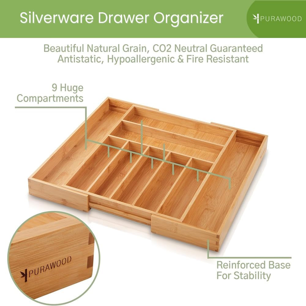 Bamboo Expandable Drawer Organizer – 7‑9 Adjustable Slots, Silverware & Utensil Tray, Natural