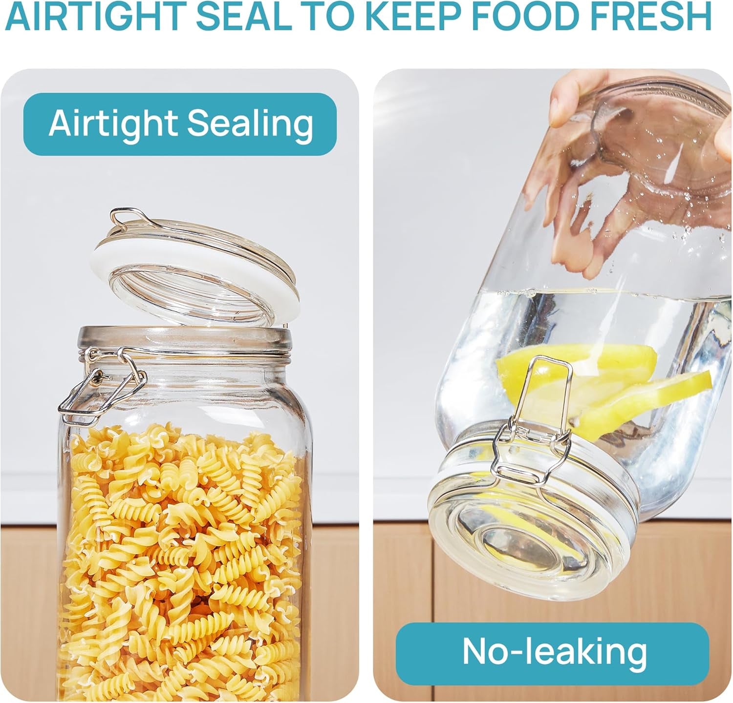 Glass Food Storage Jars with Airtight Clamp Lids – 3‑Pack 78oz Square Canisters for Flour, Sugar, Pasta & Coffee