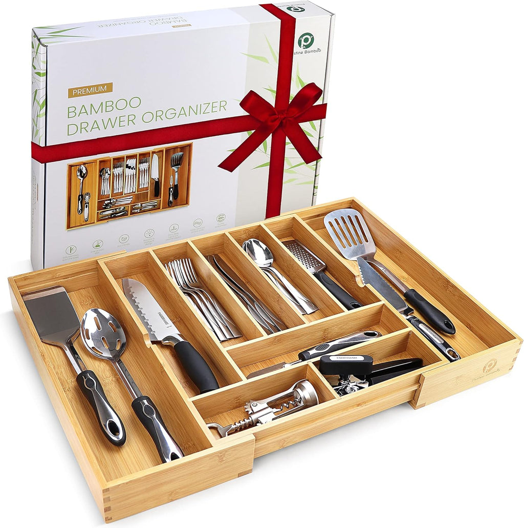 Bamboo Silverware Drawer Organizer – Expandable to 22", 10 Compartments, Adjustable Kitchen Utensil Tray