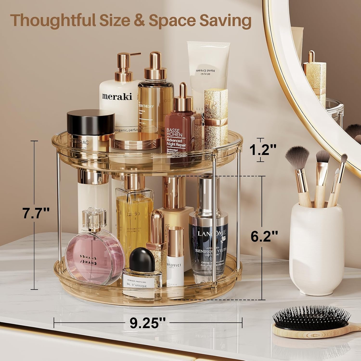 Lazy Susan Turntable Organizer – 2‑Tier Rotating Spice Rack, 9.25'' Compact for Cabinet, Pantry & Countertop, Amber