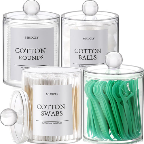 Bathroom Organizer Set – 4 Clear Apothecary Jars with Lids, Q‑tip & Cotton Holder, Acrylic‑Like Plastic for Vanity Countertop