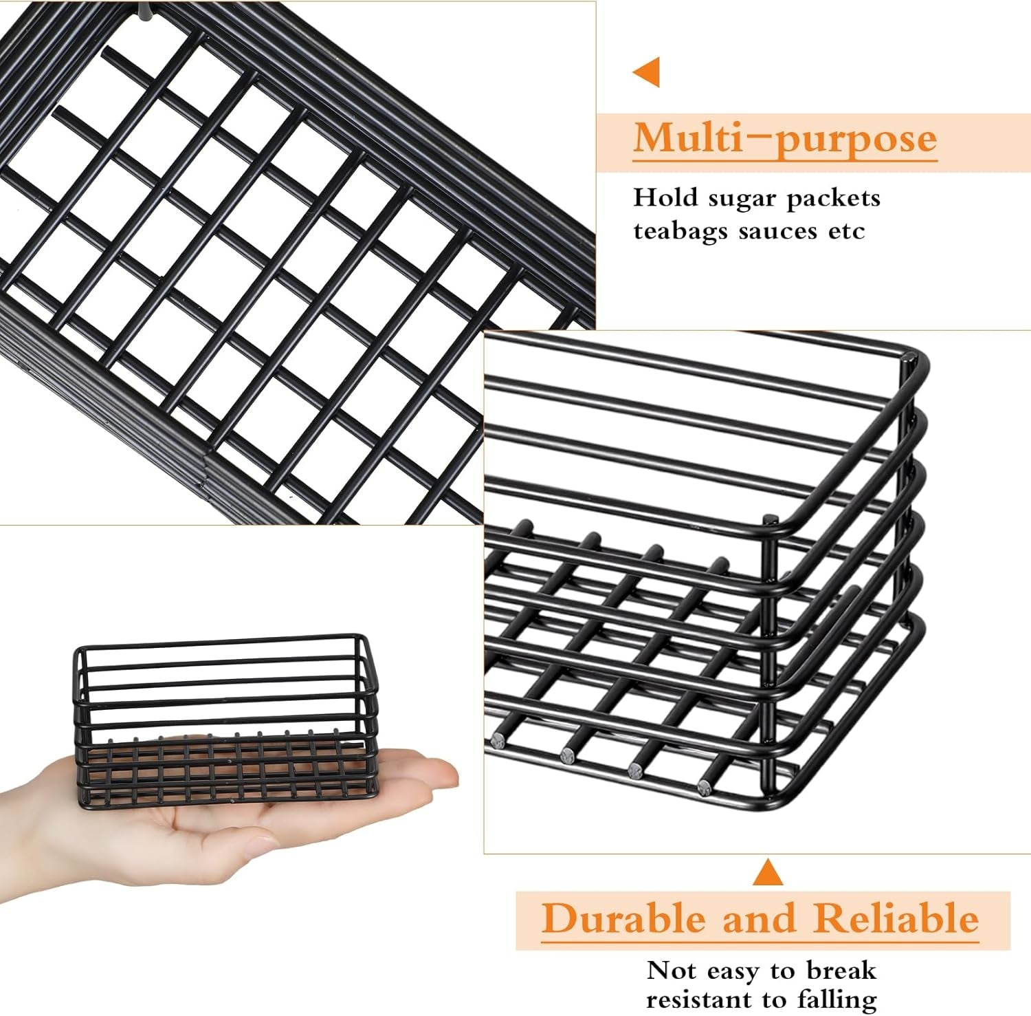 Iron Packet Holder – 4‑Pack Small Wire Basket, Stackable Organizer for Coffee Bar, Tea Bags & Condiments, Black