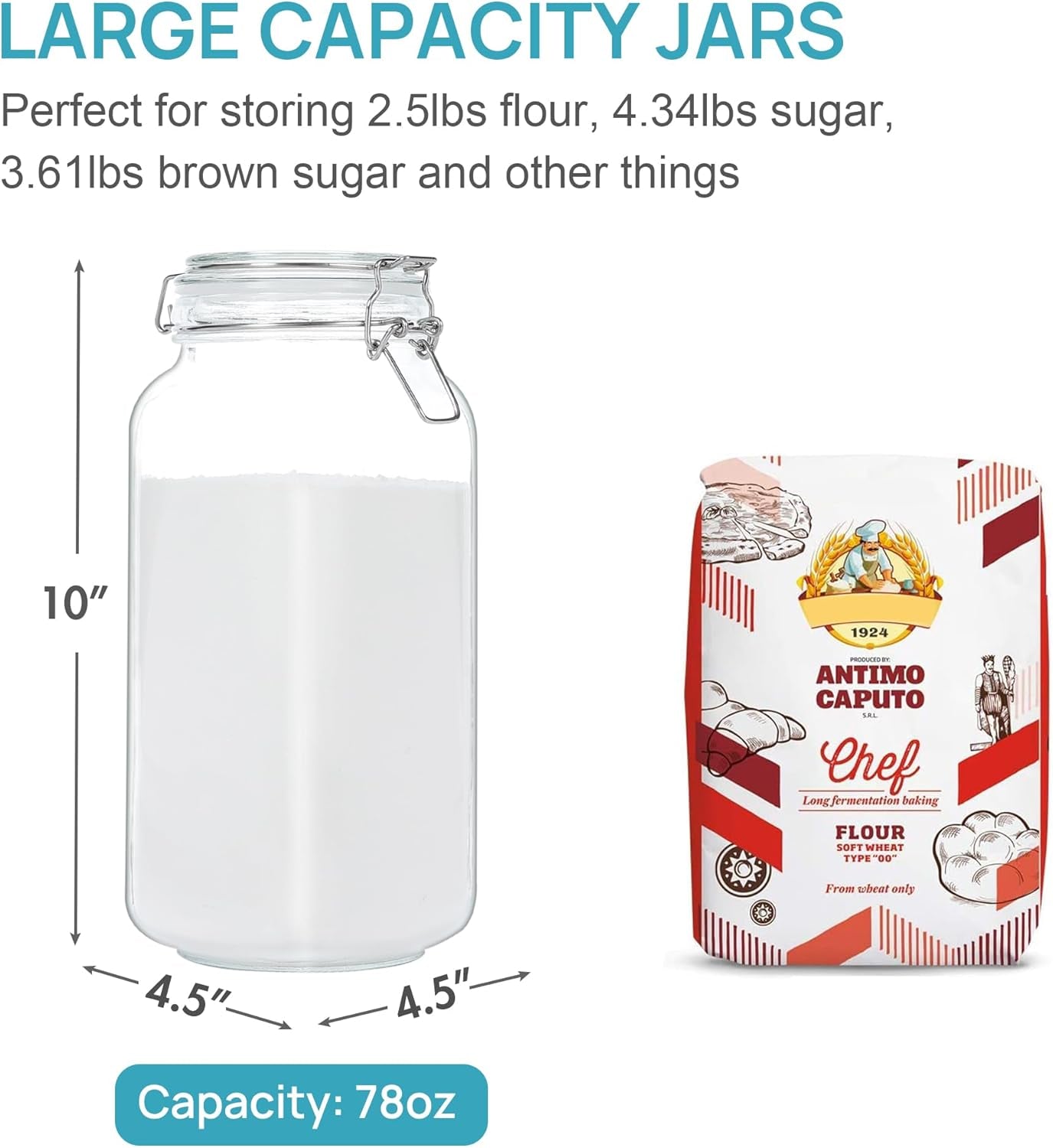 Glass Food Storage Jars with Airtight Clamp Lids – 3‑Pack 78oz Square Canisters for Flour, Sugar, Pasta & Coffee