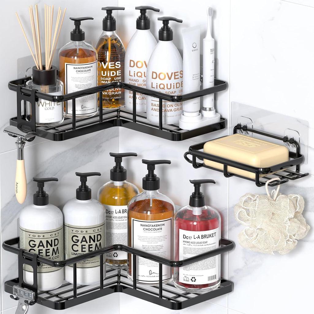 Adhesive Corner Shower Caddy – 3‑Pack Rustproof Shelves with Soap Holder, No‑Drill Wall Mount, 40lb Capacity