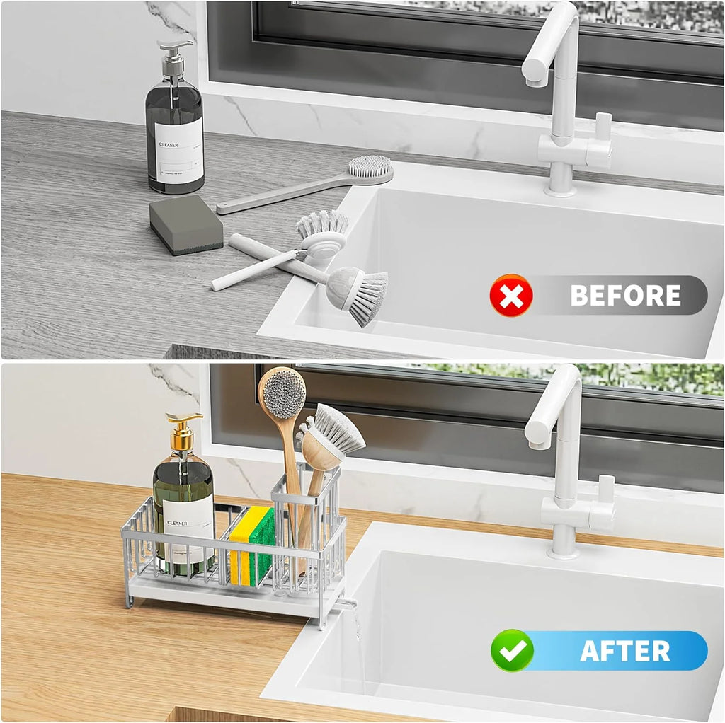 --Cisily Silver Sponge Holder for Kitchen Sink, Sink Caddy Organizer with High Brush Holder, Kitchen Countertop Organizers and Storage Essentials, Rustproof 304 Stainless Steel, Soap Dispenser Organize