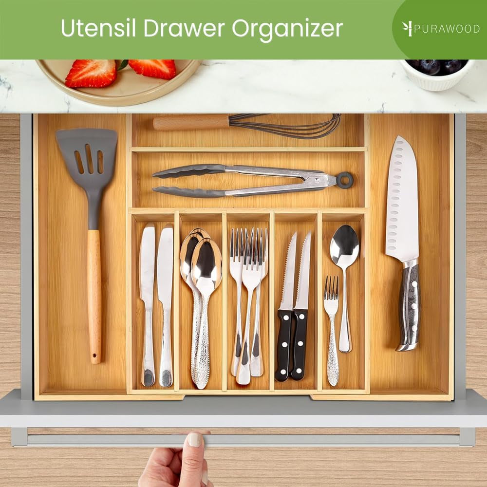 Bamboo Expandable Drawer Organizer – 7‑9 Adjustable Slots, Silverware & Utensil Tray, Natural