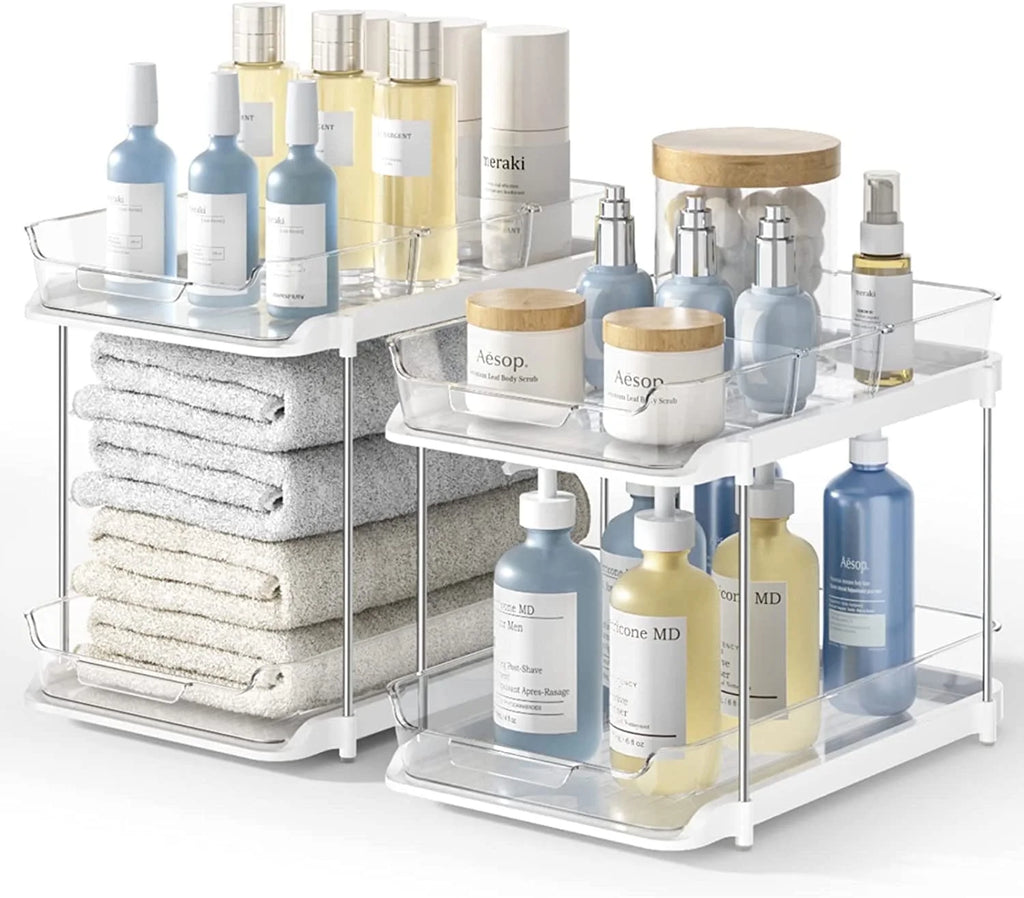 --2 Pack Set under Sink Organizers and Storage, 2 Tier Sliding Bathroom Sink Organizer, Multi-Use under Kitchen Cabinet Storage Shelf (S&L), Transparent