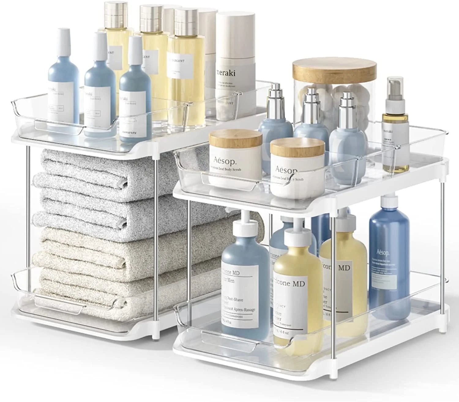 --2 Pack Set under Sink Organizers and Storage, 2 Tier Sliding Bathroom Sink Organizer, Multi-Use under Kitchen Cabinet Storage Shelf (S&L), Transparent