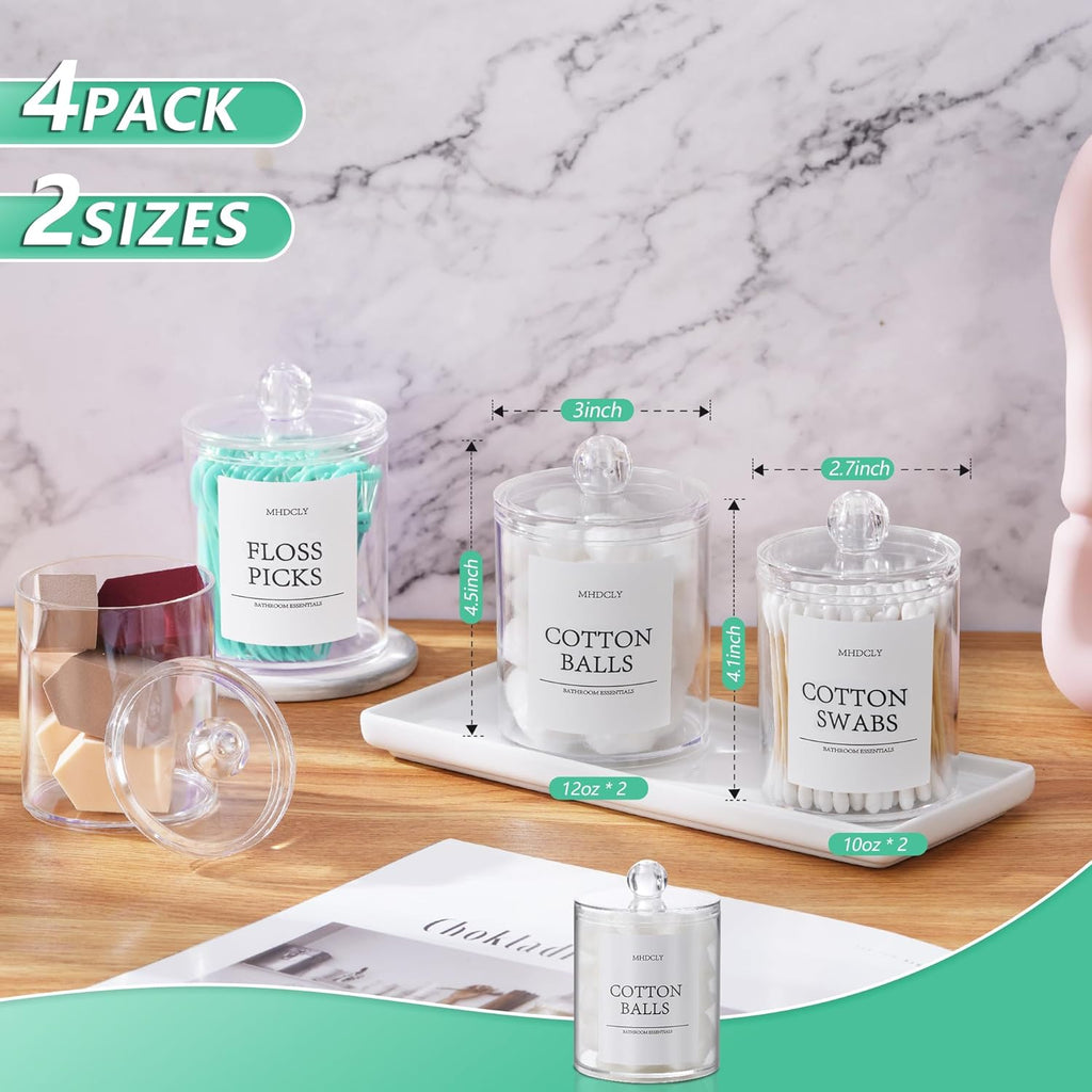Bathroom Organizer Set – 4 Clear Apothecary Jars with Lids, Q‑tip & Cotton Holder, Acrylic‑Like Plastic for Vanity Countertop