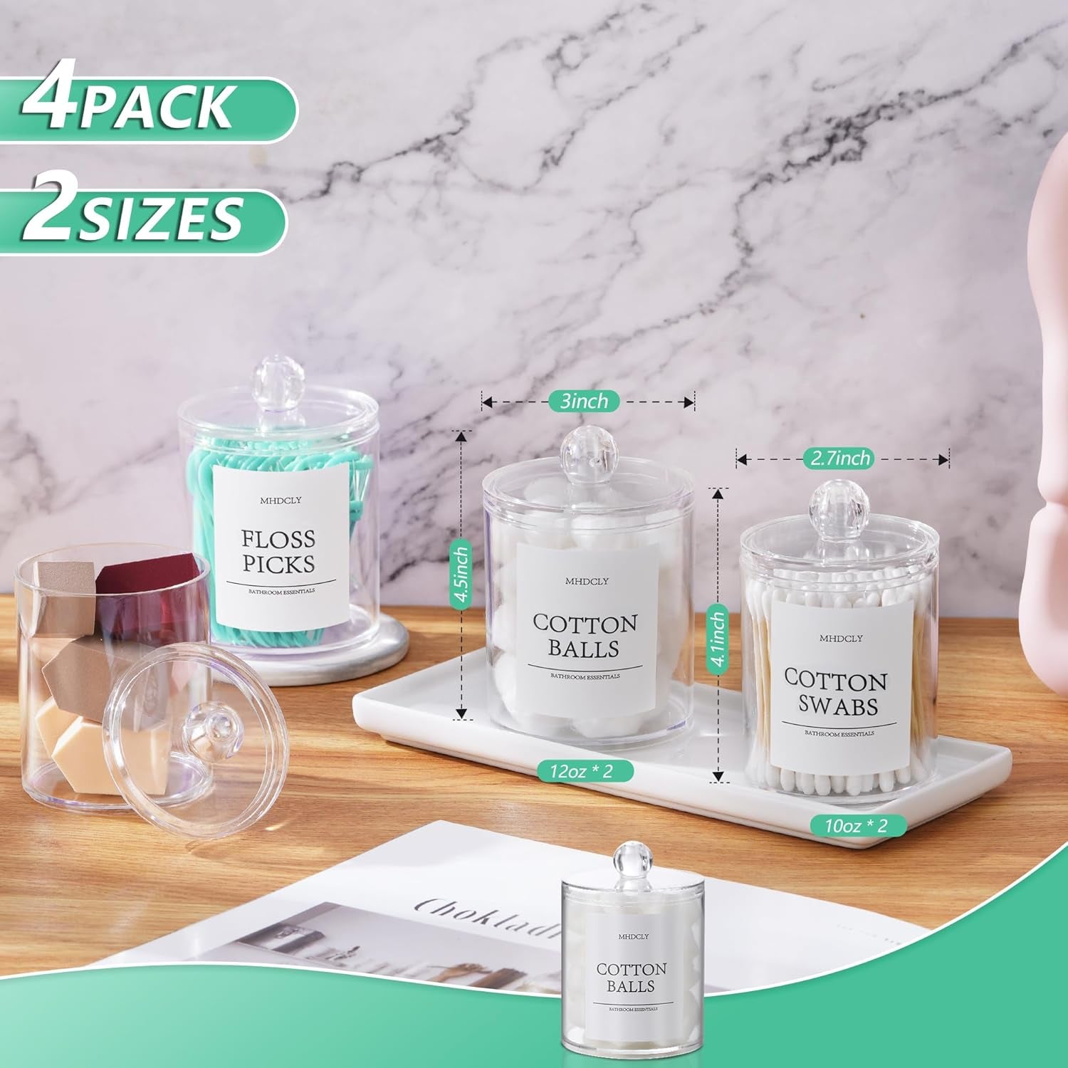 Bathroom Organizer Set – 4 Clear Apothecary Jars with Lids, Q‑tip & Cotton Holder, Acrylic‑Like Plastic for Vanity Countertop