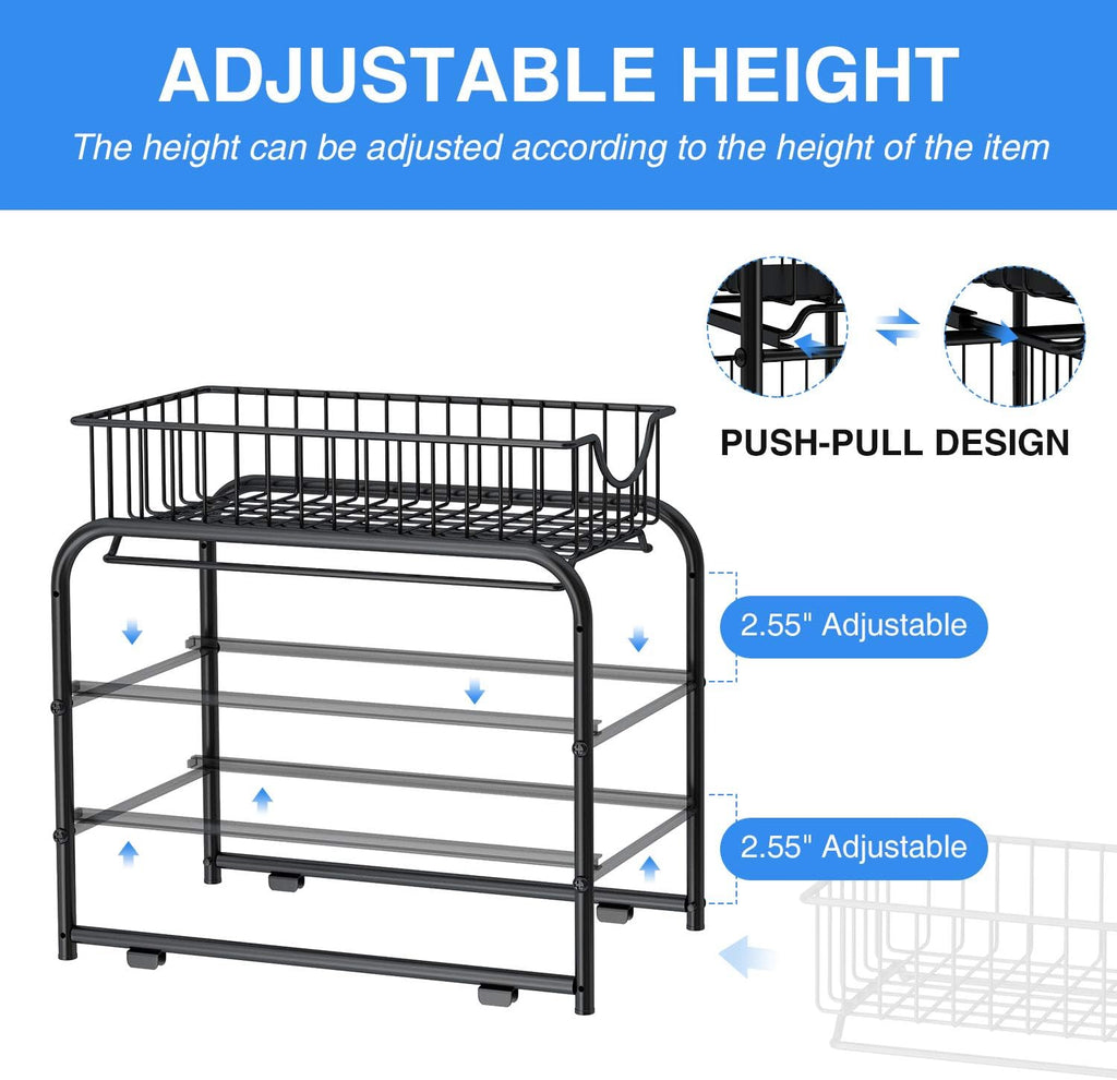 Pull‑Out Cabinet Organizer – Stackable 2‑Tier Sliding Drawer Rack, Under Sink Storage for Kitchen, Bathroom & Pantry