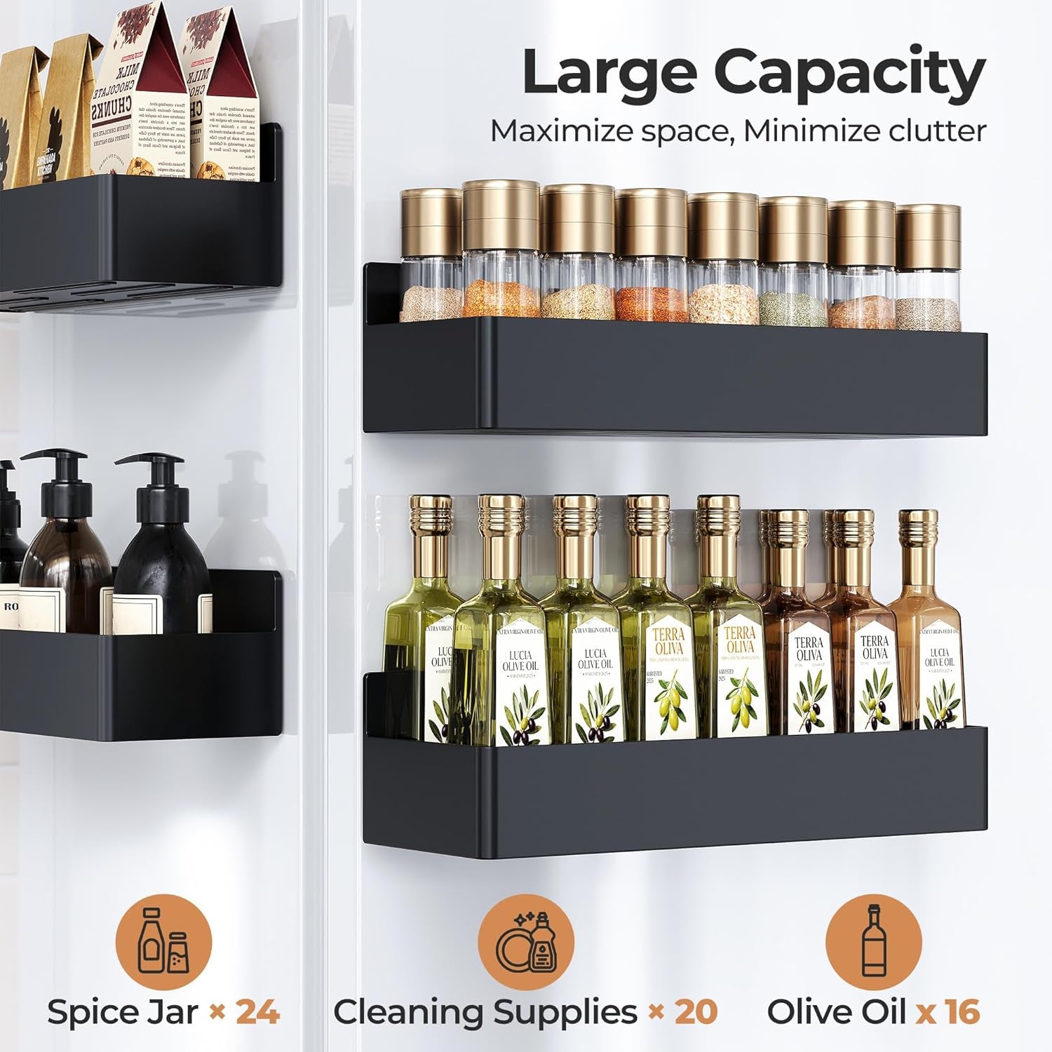Magnetic Spice Rack for Refrigerator, Kitchen Organizer and Storage Shelf, Black (2 Pack)…