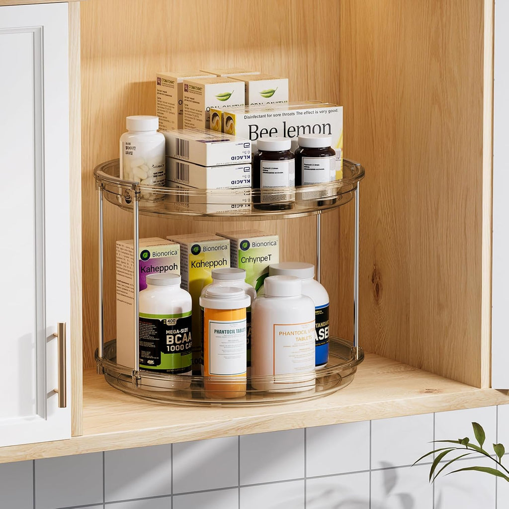 Lazy Susan Turntable Organizer – 2‑Tier Rotating Spice Rack, 9.25'' Compact for Cabinet, Pantry & Countertop, Amber