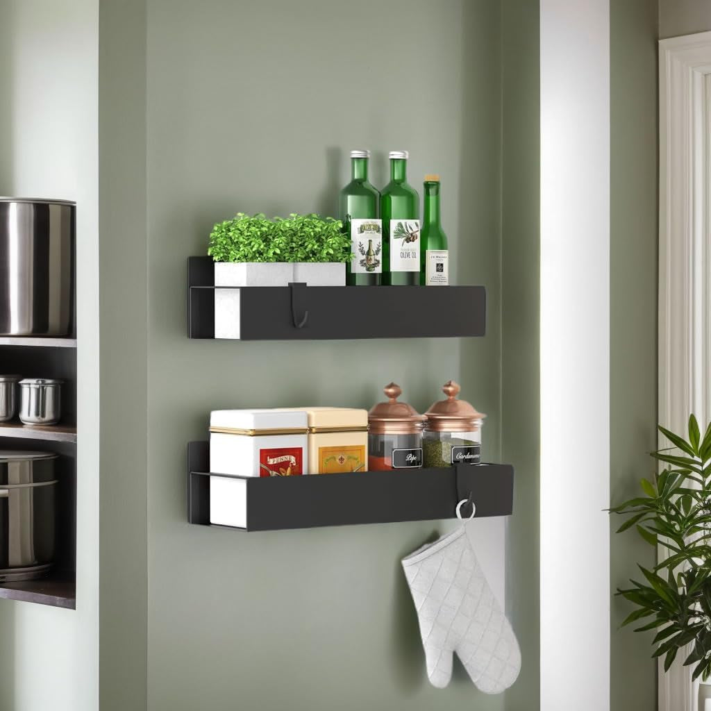 Magnetic Spice Rack Organizer – 2‑Pack Strong Shelf for Fridge & Oven, Black Carbon Steel, 11lbs Capacity with Guardrail