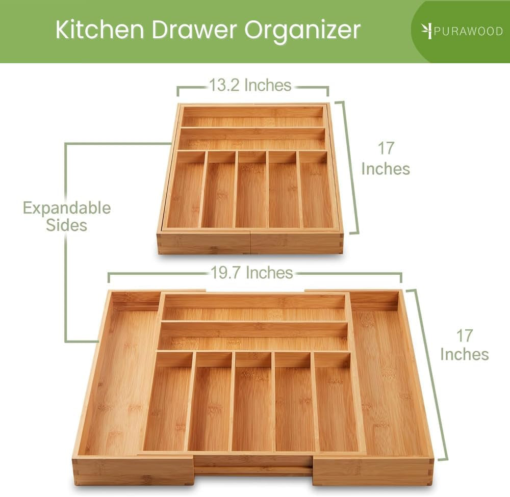 Bamboo Expandable Drawer Organizer – 7‑9 Adjustable Slots, Silverware & Utensil Tray, Natural