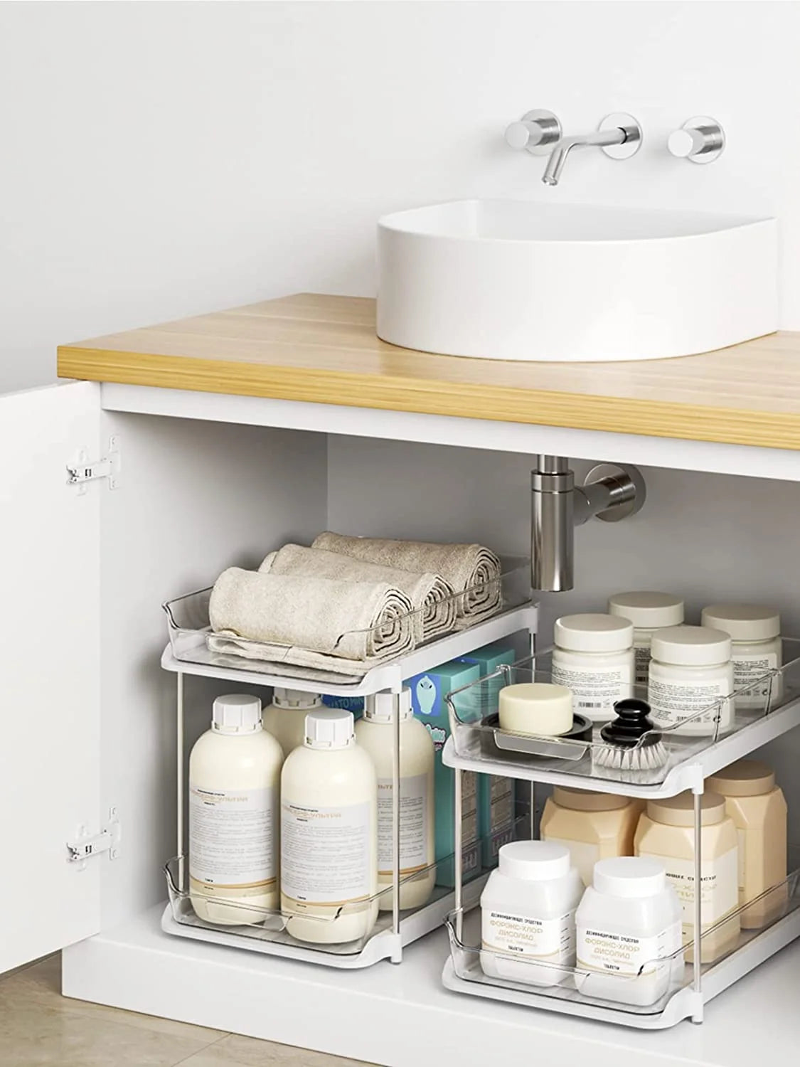 --2 Pack Set under Sink Organizers and Storage, 2 Tier Sliding Bathroom Sink Organizer, Multi-Use under Kitchen Cabinet Storage Shelf (S&L), Transparent