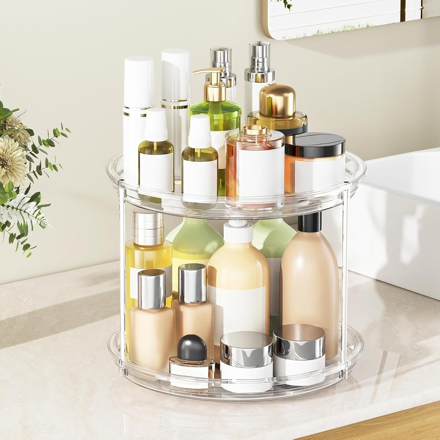 Makeup Organizer 360° Rotating – 2‑Tier Clear Lazy Susan, Skincare & Perfume Storage for Vanity, 9"