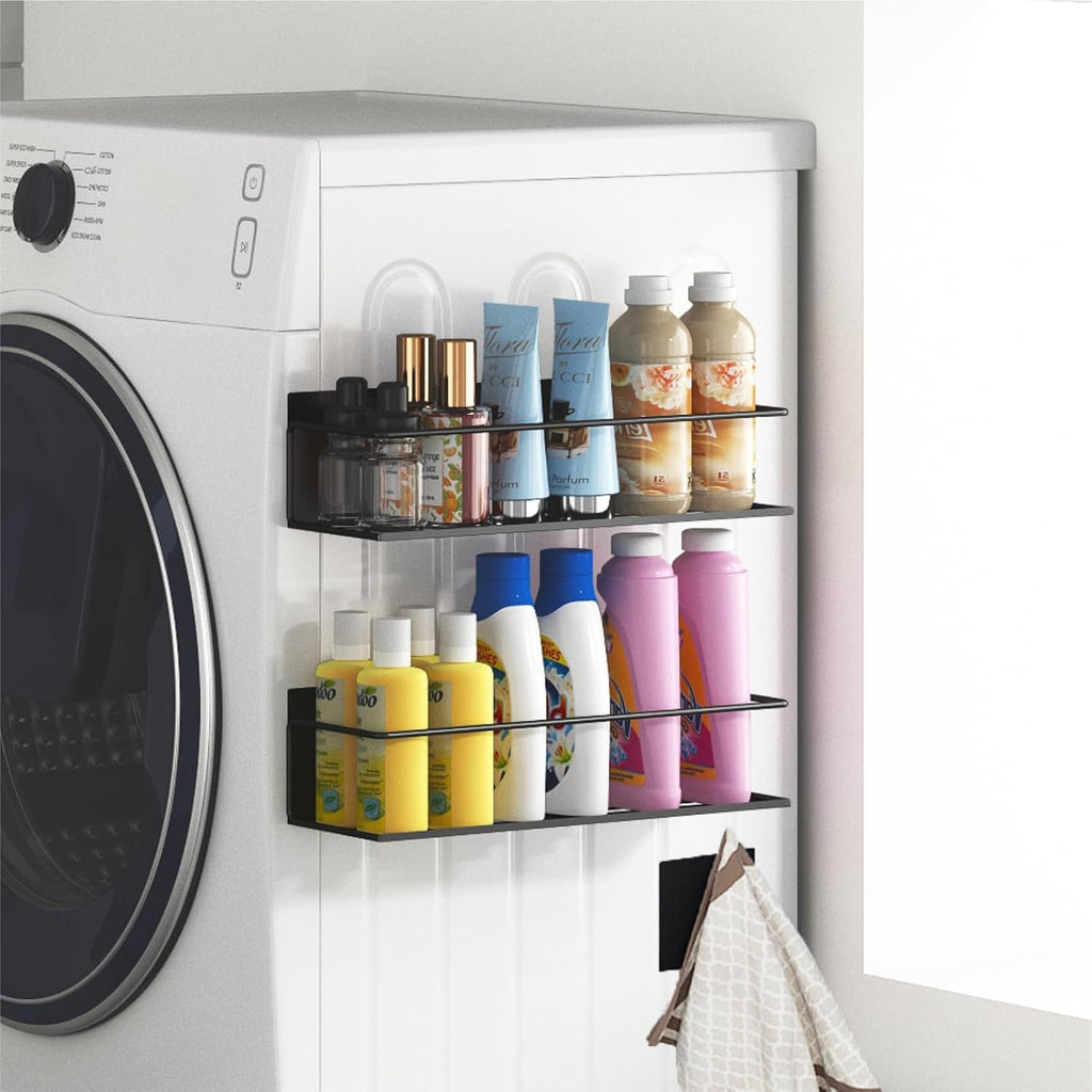 Magnetic Spice Rack Set for Fridge – 4 Shelves + Paper Towel Holder, Strong Magnets, Rust‑Proof Black Metal, Space‑Saving Kitchen Organizer