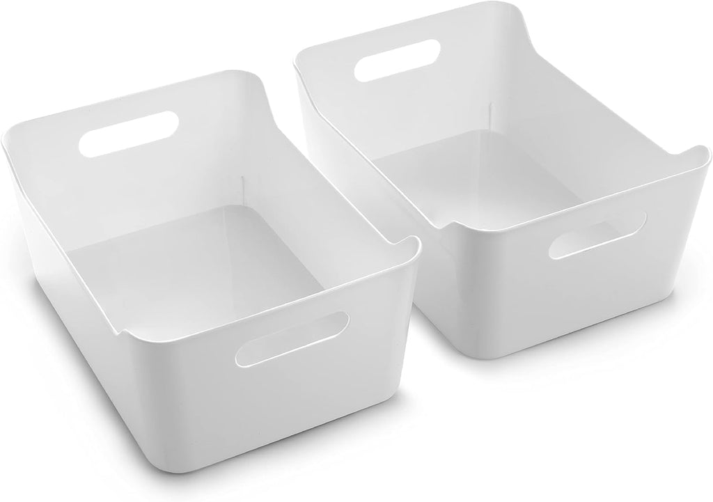 Plastic Storage Bins – Large 2‑Pack, White – Versatile Organizer for Pantry, Fridge, Kitchen & Bathroom
