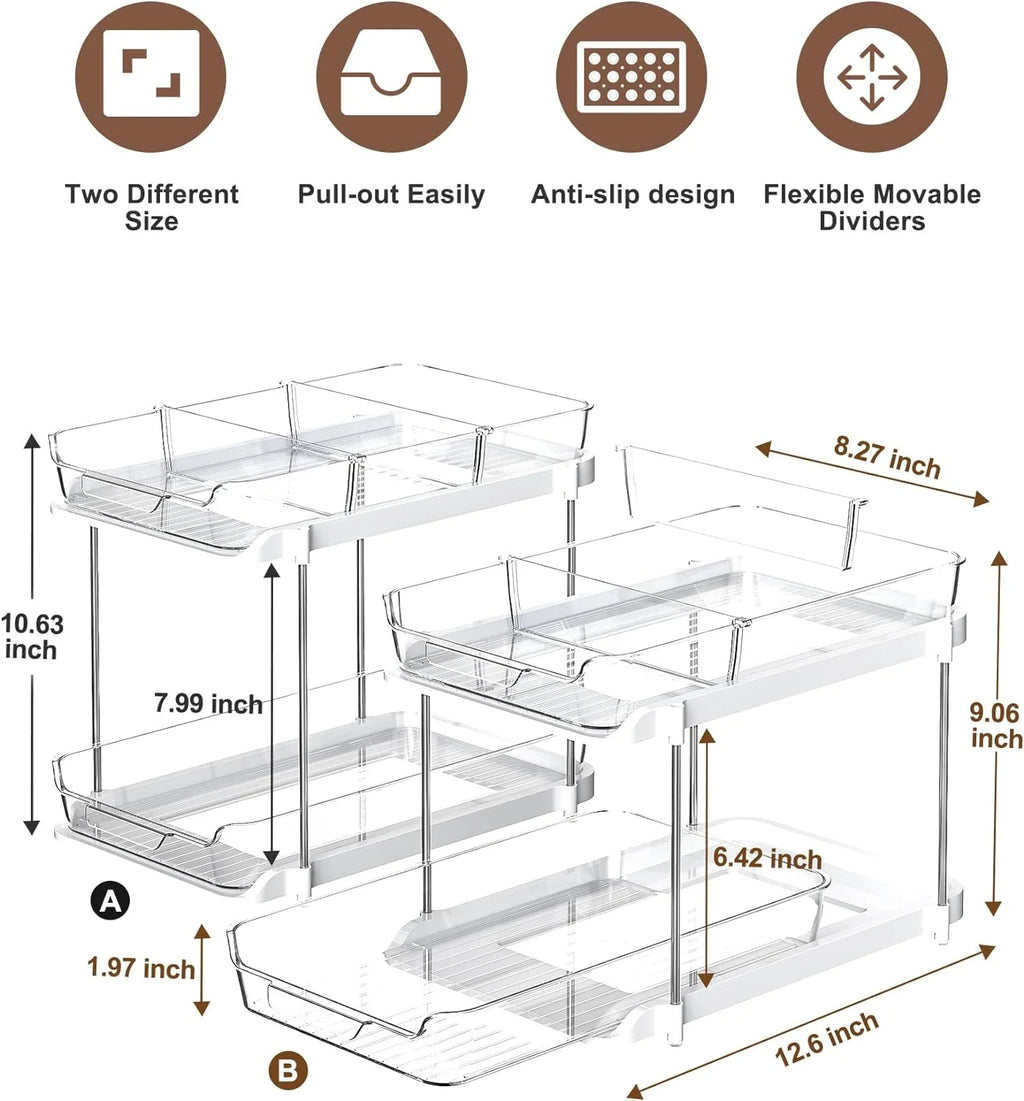 --2 Pack Set under Sink Organizers and Storage, 2 Tier Sliding Bathroom Sink Organizer, Multi-Use under Kitchen Cabinet Storage Shelf (S&L), Transparent