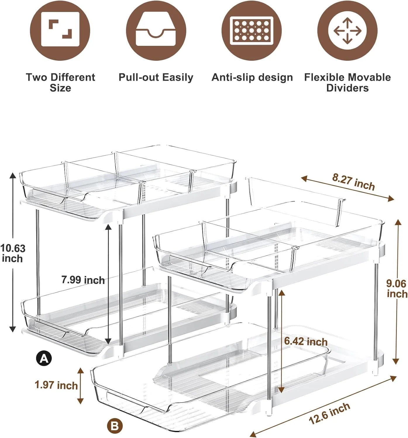 --2 Pack Set under Sink Organizers and Storage, 2 Tier Sliding Bathroom Sink Organizer, Multi-Use under Kitchen Cabinet Storage Shelf (S&L), Transparent